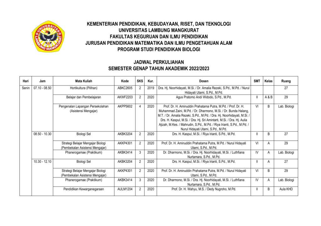 JADWAL PERKULIAHAN SEMESTER GENAP 2022/2023 – PROGRAM STUDI PENDIDIKAN ...